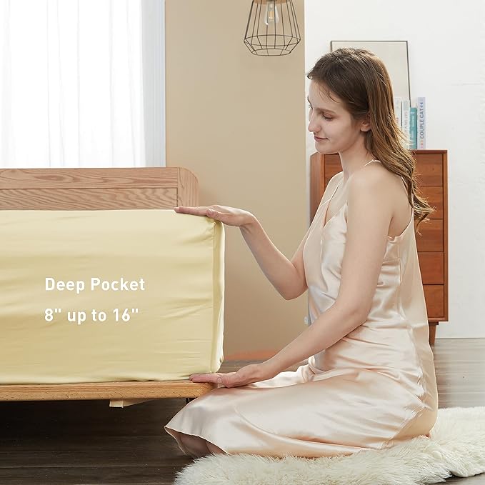 Sunflower California King Fitted Sheet, 1-Piece Deep Pocket Fitted Bottom Sheet 16", 100% Cotton Sateen Soft Breathable, Butter Cream