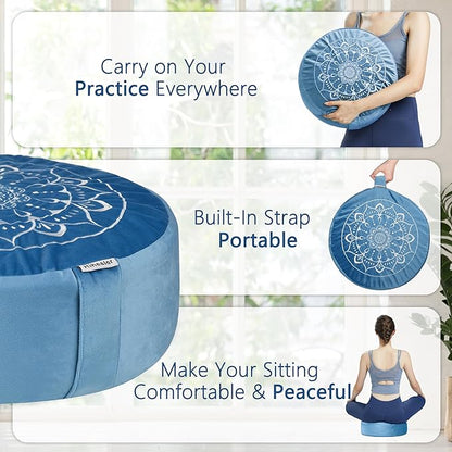 Hihealer Meditation Cushion, Traditional Tibetan Meditation Pillow Velvet Cover - Large Floor Cushion Seating for Adults - Yoga Buckwheat Bolster for Women、Moms