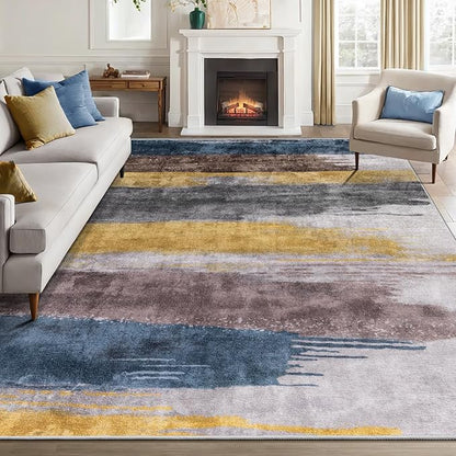 Ciicool Modern Abstract Yellow Grey Rug for Living Room, 9'x12' Machine Washable Area Rug Non-Slip Rug, Low-Pile Contemporary Indoor Dining Floor Carpet for Bedroom Office Under Table Home Decor