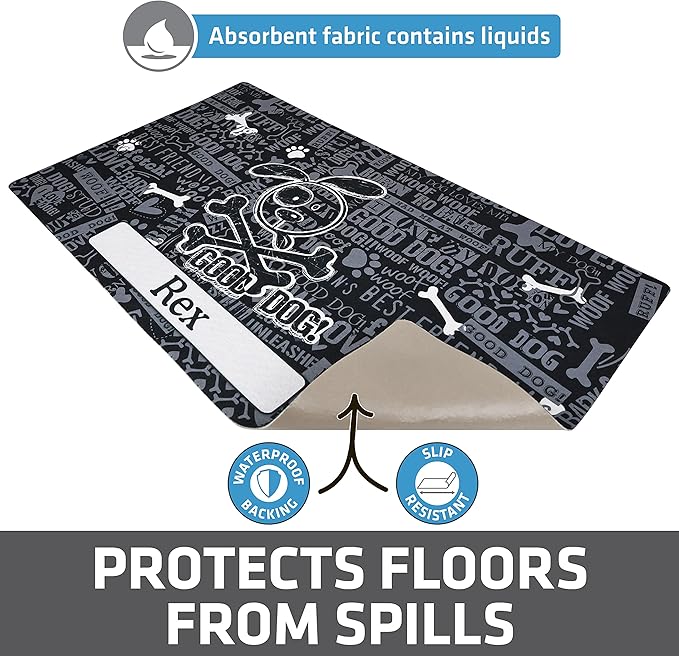 Drymate Personalized Pet Bowl Placemat, Custom Dog & Cat Food Feeding Mat - Absorbent Fabric, Waterproof Backing - Machine Washable/Durable (USA Made) (16" x 28") (Cross Bones - Black)