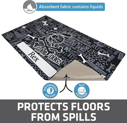 Drymate Personalized Pet Bowl Placemat, Custom Dog & Cat Food Feeding Mat - Absorbent Fabric, Waterproof Backing - Machine Washable/Durable (USA Made) (16" x 28") (Cross Bones - Black)