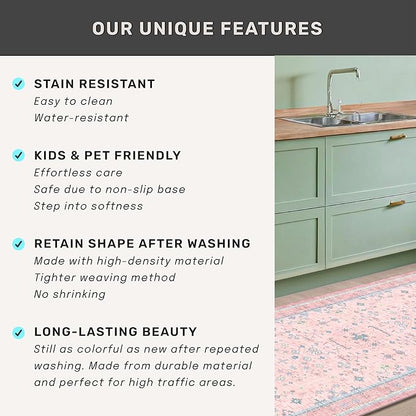 Washable Pink and Blue 6x9 Oushak Rugs for Bedroom Girls, Living Room Kids Playroom Nursery Room, Modern Floral Distressed Design, Soft Faux Wool Low Pile Non Slip Stain Resistance Carpet