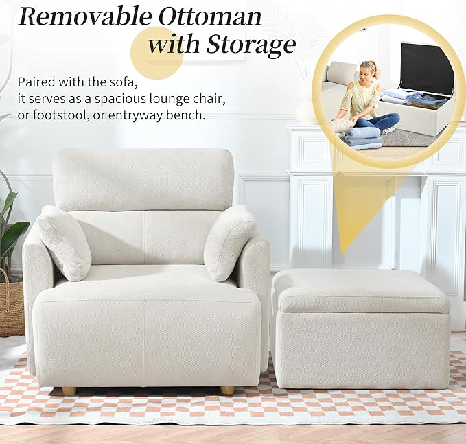 Modern Oversized Accent Chair with Storage Ottoman & Side Pillows, Snowflake Fleece Upholstered Chaise Lounge Chair, Deep Seat Reading Chair for Living Room, 350lbs Capacity