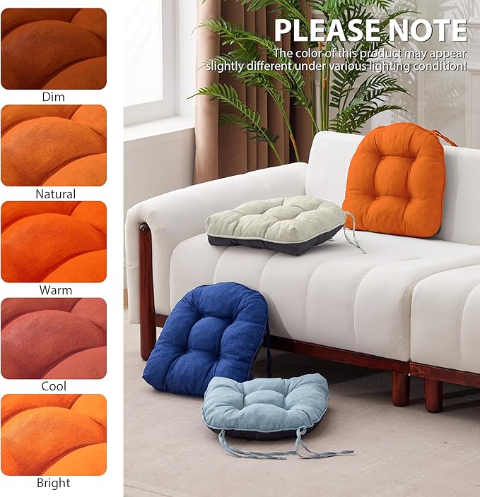 Chair Cushions for Dining Chairs, Seat Cushions for Kitchen Chairs, Indoor Seat Cushions with Ties, Tufted Foam Chair Pads, Non Slip Chair Cushions Set of 6, 15.5" x 15.5" x 4", Orange
