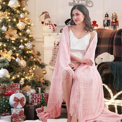 inhand ChristmasThrow Blankets for Couch, Gifts for Women Cozy Home Decor Knit Blanket, Pink Lightweight Decorative Blankets and Throws, Farmhouse Warm Woven Blanket for Men and Women, 50"x60"