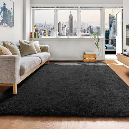 ONASAR Black Area Rugs for Bedroom Living Room, Fluffy Fuzzy Shaggy 4x6 Bedside Rug, Washable Soft Plush Modern Indoor Floor Carpet for Nursery Kids Girls Boys Teen Dorm Home Office Decor Aesthetic