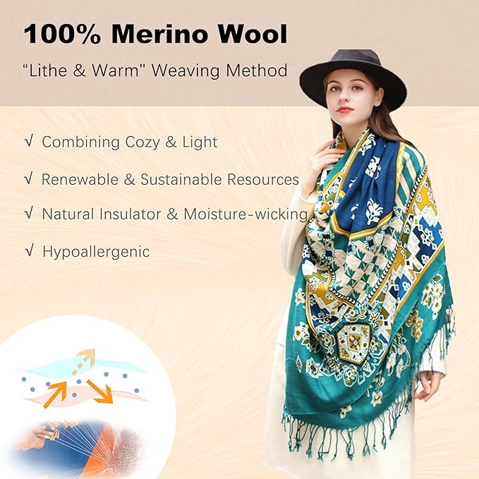 DANA XU 100% Merino Wool Pashmina Shawl for Women 96"x43", Oversized Cashmere Wrap with Tassels, Floral Travel Blanket Cape