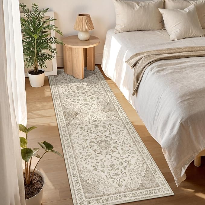 Moynesa 2x6 Beige Washable Runner Rug for Hallway, Boho Vintage Distressed Runner for Entryway Kitchen Bathroom Bedroom, Low Pile Soft Non-Slip Floor Mat for Laundry Nursery