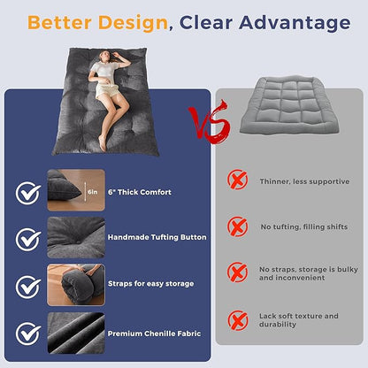 MAXYOYO Japanese Floor Mattress Full Size, 6" Foldable Futon Mattress Tufted Roll Up Floor Bed, Thick Chenille Tatami Mat Sleeping Pad for Camping Guest Room Dormitory Bedroom RV, Dark Grey