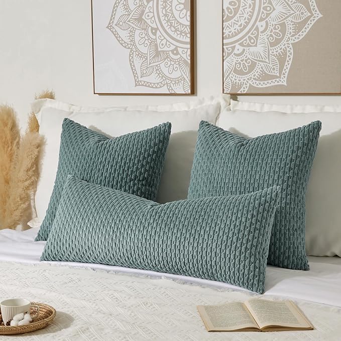 Kevin Textile 14x36 Inch Long Lumbar 1 Pack Boho Decorative Throw Pillow Cover Soft Striped Corduroy Rectangle Cushion Case Farmhouse Solid Color Accent for Living Room Couch Sofa Bed, Teal Green