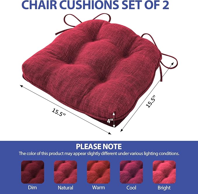 Chair Cushions for Dining Chairs Set of 2, Red Kitchen Chair Cushions, Chair Pads with Ties and Non Slip Backing, Christmas Room Decor, Tufted Memory Foam Seat Cushion 2 Pack, 15.5"x15.5"x4"