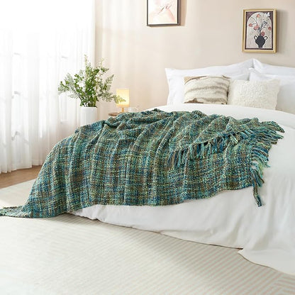 Multi-Color Green Cable Knitted Throw Blanket for Couch,50"X60" Boho Style Textured Blankets for Home Decor,Super Soft Warm Cozy Chunky Knit Blanket with Decorative Tassels for Bed and Sofa