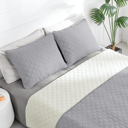 Easy-Going Twin Size Reversible Quilt Set with 1 Quilt and 1 Pillow Shams, Soft Bed Quilt Cover, Water Resistant Lightweight Microfiber Bedspread, Stain Resistant, Light Gray/Ivory