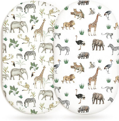 Bassinet Sheets for Baby Girls Boys 2 Pack, Fitted Baby Mattress Sheet for Rectangle, Oval, Hourglass Bassinet Mattress, Breathable Cozy & Universal Fit (Jungle Journey)