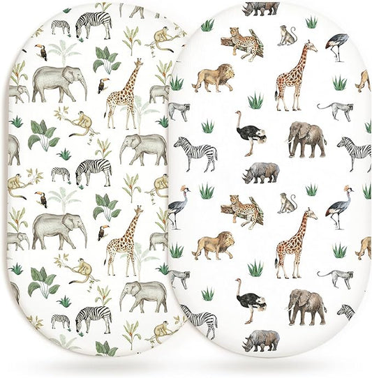 Bassinet Sheets for Baby Girls Boys 2 Pack, Fitted Baby Mattress Sheet for Rectangle, Oval, Hourglass Bassinet Mattress, Breathable Cozy & Universal Fit (Jungle Journey)