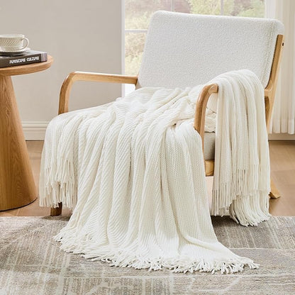 inhand Throw Blanket for Couch Bed,Chunky Chenille Woven Soft Blankets with Tassels, Cozy Boho Farmhouse Fall Winter Decor,Warm for Women,60"x80",Medium Thick-Off White