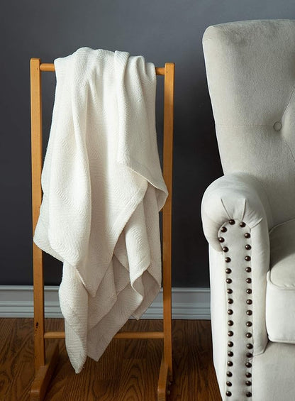 Sticky Toffee Cotton Throw Blanket, 60 x 50 Inch, Ivory Cream Herringbone Weave, Soft Lightweight Woven Blanket for Couch, Boho Farmhouse Style