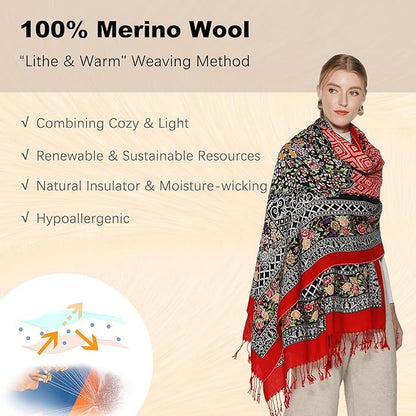 DANA XU 100% Merino Wool Pashmina Shawl for Women 96"x43", Oversized Cashmere Wrap with Tassels, Floral Travel Blanket Cape