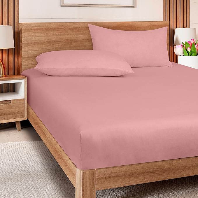 ROYALE LINENS 300 Thread Count 100% Long Staple Combed Cotton Fitted Sheet Full - Super Soft Deep Pocket Bottom Sheet - Fitted Sheets Only - Elastic Sheets (Full, Pink)