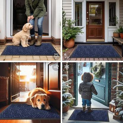 Smiry Front Door Mat Outside Entrance, Heavy Duty Sturdy Natural Rubber Doormat, Trap Dirt and Moisture, Easy Clean Low Profile Mats for Indoor Outdoor Entry, Grid Geometric (59x24, Navy Blue)