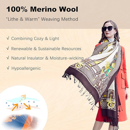 DANA XU 100% Merino Wool Extra Large Pashmina Blanket Travel Scarf Cashmere Wrap for Women Fall Winter Oversize Shawl Floral