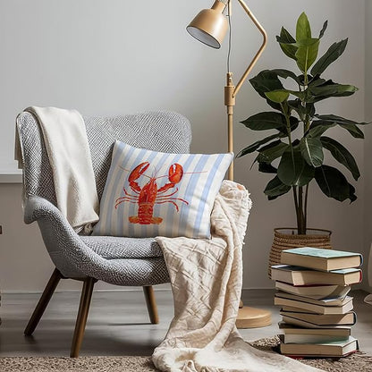 Coastal Lobster Pillow Covers, New England Nautical Red Lobster Blue White Stripes Throw Pillow Covers for Beach House Summer Home, Preppy Beach Room Decor, Easter Coast Seafood Decor