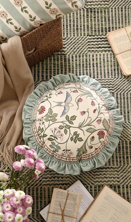 Round Throw Pillow Covers Pack of 2,Green Cozy Velvet Farmhouse with Birds and Floral Pattern Pillowcases,Decoration Pillows Cushion Covers for Couch Sofa Bed Car Chair,Diameter 16"