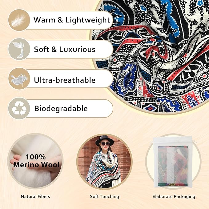 DANA XU 100% Merino Wool Pashmina Shawl for Women 96"x43", Oversized Cashmere Wrap with Tassels, Floral Travel Blanket Cape