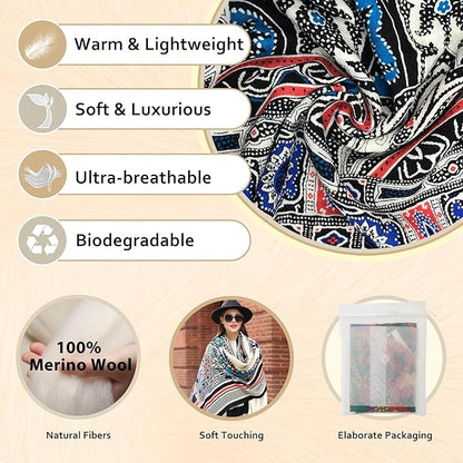 DANA XU 100% Merino Wool Pashmina Shawl for Women 96"x43", Oversized Cashmere Wrap with Tassels, Floral Travel Blanket Cape
