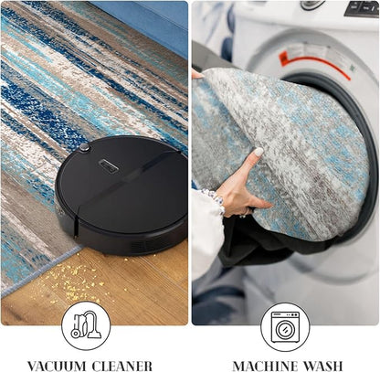 Modern Abstract Runner Rug 2x5, Blue Washable Entryway Kitchen Runner Non-Slip Soft Hallway Rug Runner Thin Print Faux Wool Carpet for Bedroom Laundry Room Indoor