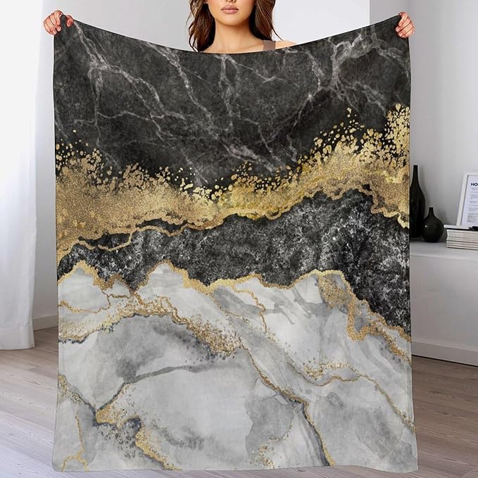 Modern Marble Blanket, Abstract Luxury Baroque Golden Black White Stone Veins Pattern Soft Warm Cozy Plush Flannel Covers for Livingroom Bedroom Couch Chair Camping Travel Home Decor Tapestry 30x40in