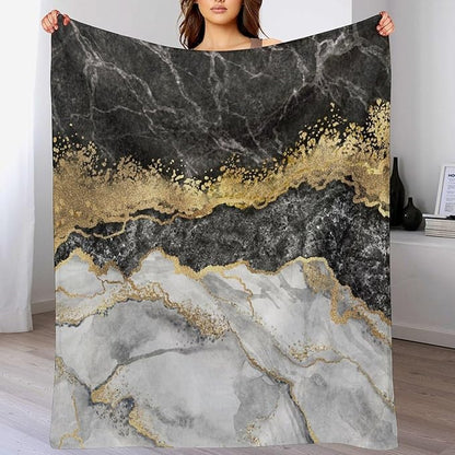 Modern Marble Blanket, Abstract Luxury Baroque Golden Black White Stone Veins Pattern Soft Warm Cozy Plush Flannel Covers for Livingroom Bedroom Couch Chair Camping Travel Home Decor Tapestry 50x60in