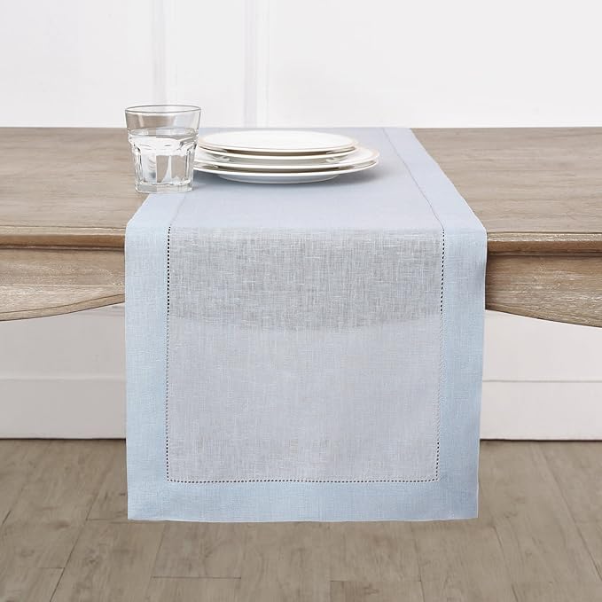 Solino Home Linen Light Blue Table Runner 108 Inches Long - 100% Pure Linen 14 x 108 Inch Table Runner for Winter, Christmas, New Year - Classic Hemstitch