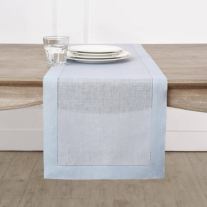 Solino Home Linen Light Blue Table Runner 90 Inches Long - 100% Pure Linen Hemstitch 14 x 90 Inch Table Runner for Dining, Winter, Christmas, New Year - Classic Hemstitch