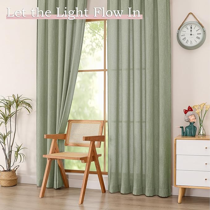 Simplebrand Sage Green Semi Sheer Faux Linen Textured Curtains 54 Inch Length 2 Panels Set, Rod Pocket Farmhouse Short Curtain Drapes for Dinning Small Windows Bathroom Bedroom, Each 40Wx54L in