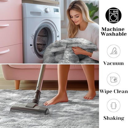 ONASAR Area Rugs for Bedroom Living Room, 4x6 Tie-Dyed Light Grey Fluffy Shaggy Bedside Throw Rug, Washable Indoor Soft Plush Floor Carpet for Nursery Kids Girls Boys Teen Dorm Home Office Decor