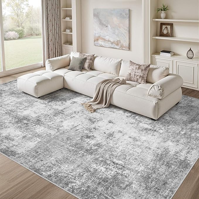 Washable 9X12 Area Rug: Modern Abstract Soft Non-Slip Indoor Rugs Home Decor - Low Pile Stain Resistant Foldable Rug for Living Room Bedroom Dining Room Playroom Office(Grey 9'x12')