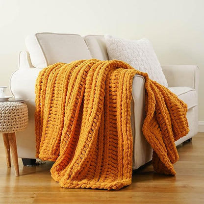 Battilo Mustard Yellow Throw Blanket for Couch, Chunky Knit Throw Blanket, 50"x60", Gold Fall Throw, Super Soft Cozy Warm Chenille Knit Blankets for Bed, Sofa, Living Room