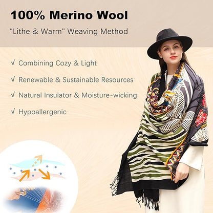DANA XU 100% Merino Wool Extra Large Pashmina Blanket Travel Scarf Cashmere Wrap for Women Fall Winter Oversize Shawl Floral