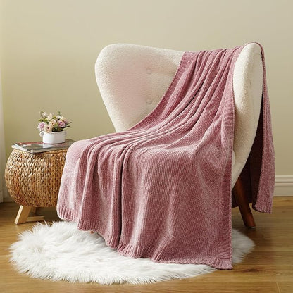 BATTILO HOME Chenille Throw Blanket for Couch, Pink Blanket Throw Chenille Knitted Blankets for Home Decor, Super Soft Blush Pink Throws for Bed Sofa Living Room, 51"x67"