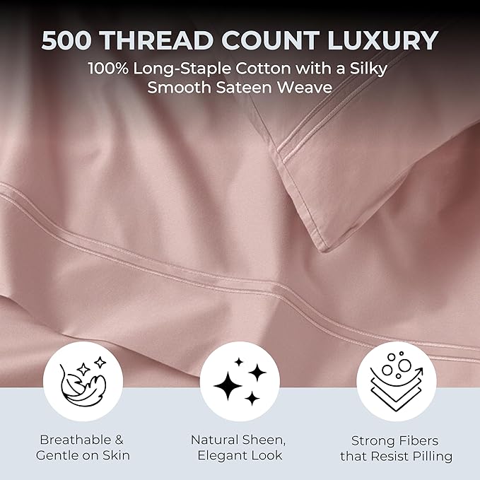 100% Natural Cotton Bed Sheets | 500 TC Single-Ply Sateen Weave King Size Sheets Set | Breathable & Hypoallergenic Solid 4-Piece Bedding with Deep Pocket Fitted, Flat, Pillowcase | Blush