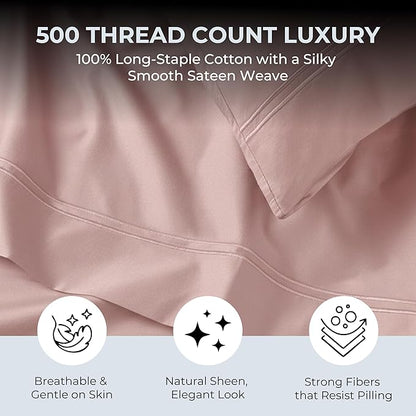 100% Natural Cotton Sheets Queen Size Bed Set | 500 TC Single-Ply Sateen Weave | Soft, Breathable, Hypoallergenic Solid 4-Piece Bedding with Deep Pocket Fitted, Flat, Pillowcase | Blush