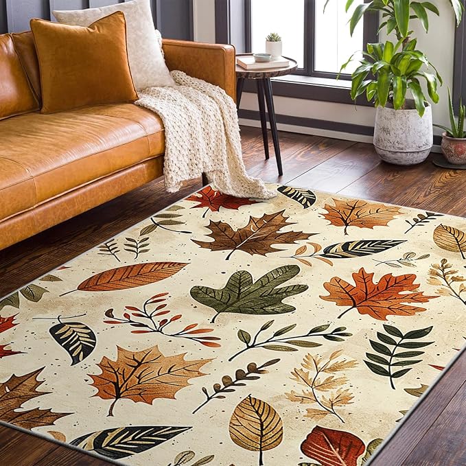 9CH Fall Leaves Area Rug 7' X 5' Brown Cute Botanical Soft Faux Wool Carpet Non-Slip Easy-Cleaning Boho Rugs for Living Room, Bedroom, Kitchen