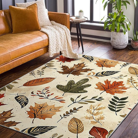 9CH Fall Leaves Area Rug 7' X 5' Brown Cute Botanical Soft Faux Wool Carpet Non-Slip Easy-Cleaning Boho Rugs for Living Room, Bedroom, Kitchen