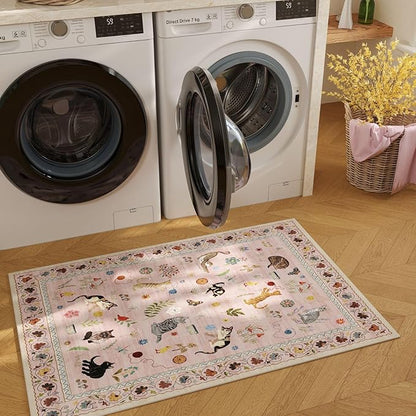 Rugcomf Door Mat Indoor Entrance 2x3 Rug Machine Washable Boho Floral Animal Cat Small Area Rug Non-Slip Low Pile Throw Rugs for Entryway Kitchen Front Door Indoor Entrance Entry Kids Room, Pink