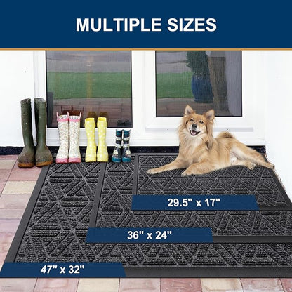 Smiry Front Door Mat Outside Entrance, Heavy Duty Sturdy Natural Rubber Doormat, Trap Dirt and Moisture, Easy Clean Low Profile Mats for Indoor Outdoor Entry, Grid Geometric (47x24, Grey)
