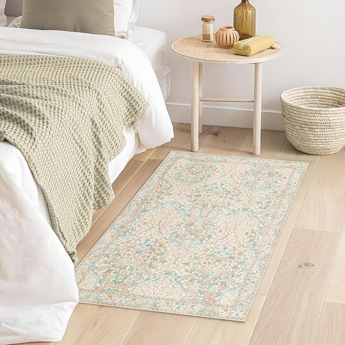 MUJOO 2x3 Washable Rug,Floral Small Area Rugs for Bathroom Entryway Entry Bedroom Bedside,Boho Front Door Mat Indoor Entrance Throw Carpet Neutral Vintage Non Slip Ultra-Thin Light Green and Beige
