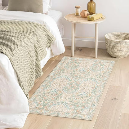 MUJOO 2x3 Washable Rug,Floral Small Area Rugs for Bathroom Entryway Entry Bedroom Bedside,Boho Front Door Mat Indoor Entrance Throw Carpet Neutral Vintage Non Slip Ultra-Thin Light Green and Beige