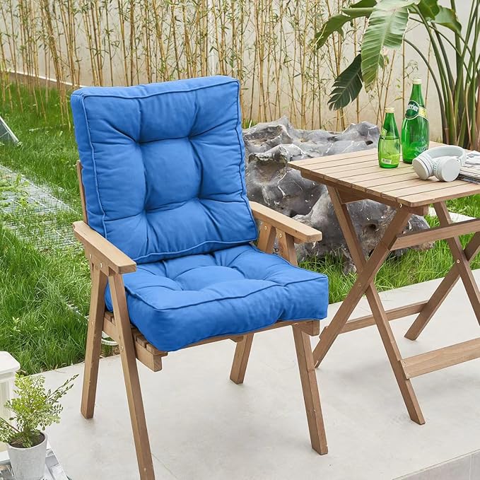 ARTPLAN Outdoor Seat Cushion,Square Thick Tufted Pure Chair Cushion for Patio Wicker Chair with Tie,Set of 2,19"x19"x5"，Navy Blue