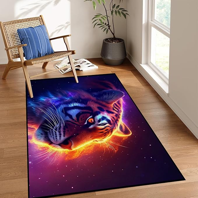 Galaxy Tiger Rug 3D Fierce Tigers Area Rugs for Bedroom Living Room Playroom Gameroom Boys Kids Fire Glitter Carpet Throw Rugs Floor Mat 59 in x 39 in